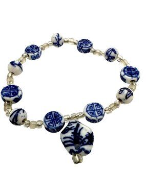 Spring Summer Blue White Bead Bracelet Porcelain Asian Symbol Motif Stretch